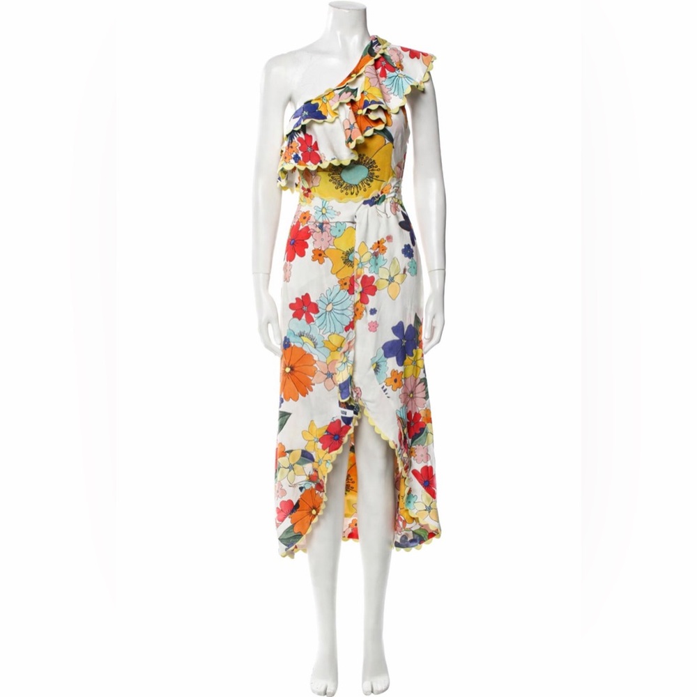 CELIA B Floral Ruffle One Shoulder Midi Dress High Low Colorful Size XS